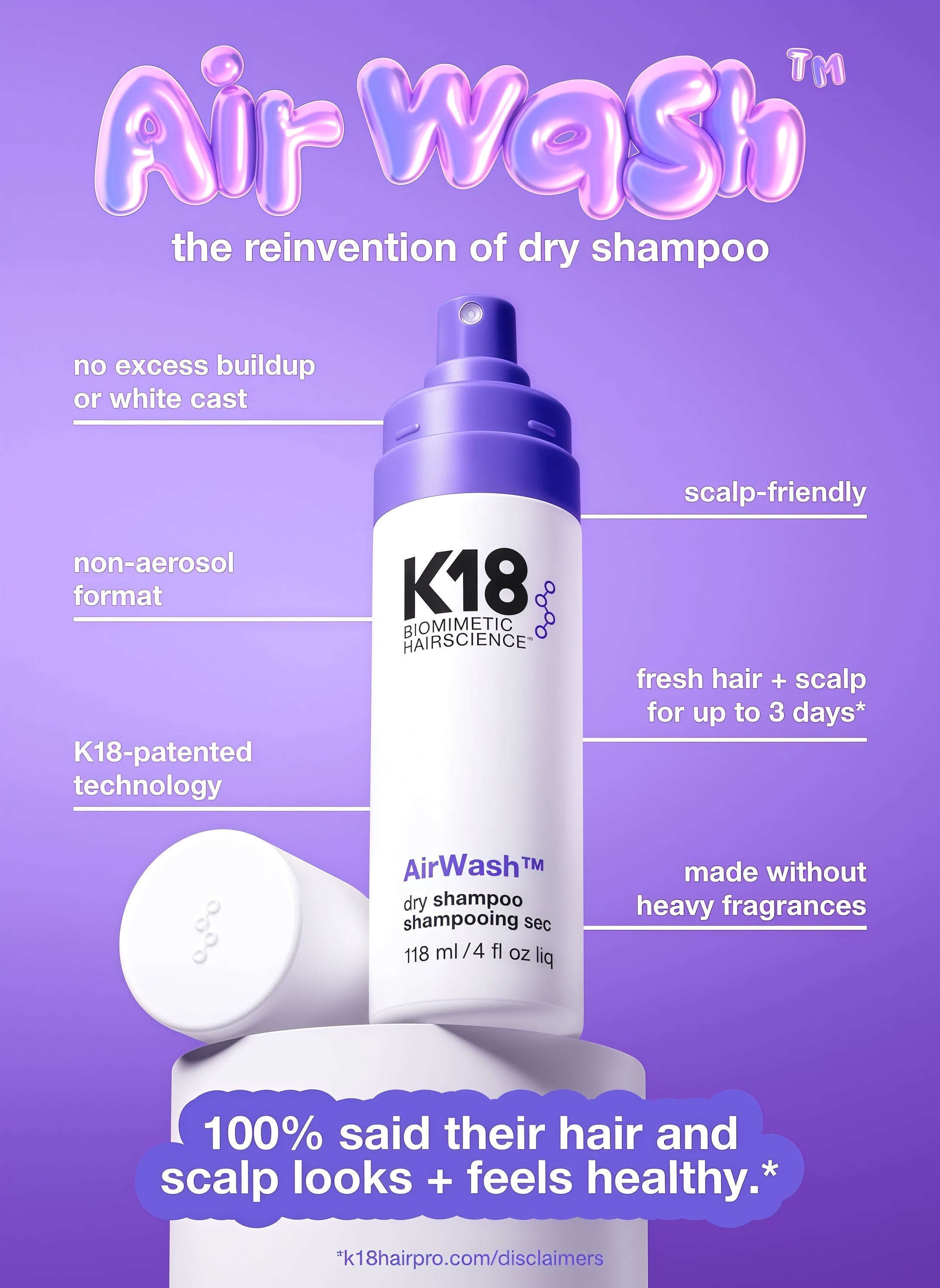 K18 AirWash™ Dry Shampoo, Non-Aerosol, Balances Scalp & Controls Excess Oil Production