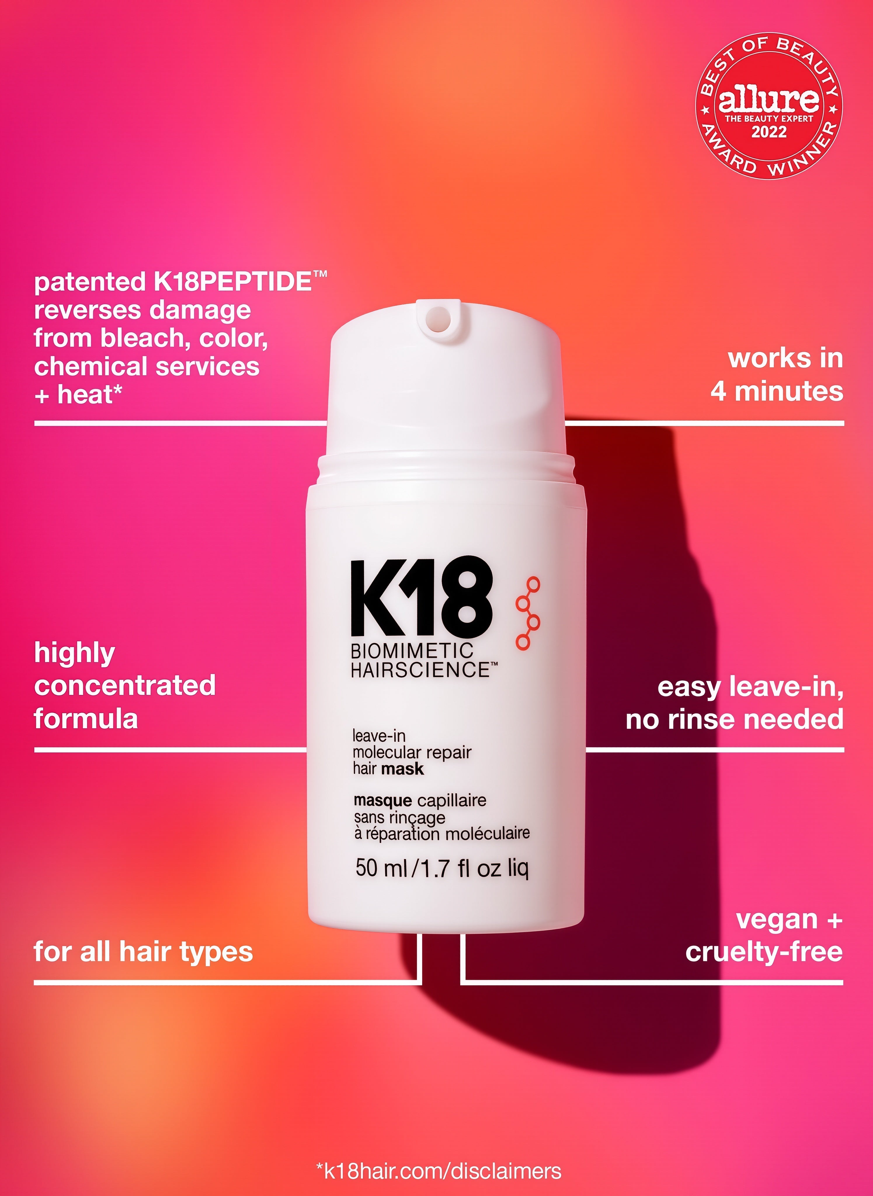 K18 Leave-In Molecular Repair Hair Mask, Patented, Lasting Repair For Dry, Frizzy, Damaged Hair, Reverse Damage In 4 Minutes From Bleach, Color, Chemical Services + Heat Secondary image